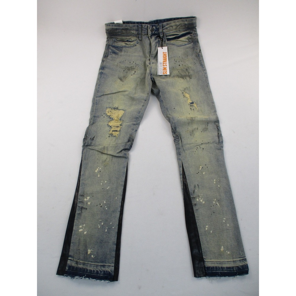 First Row Slim Straight Jeans Mens 32 Blue Distressed Paint Splatter Flare Leg